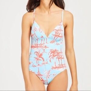J.McLaughlin Tropical Toile Flamingo One Piece Swimsuit Aqua Coral palmer 12